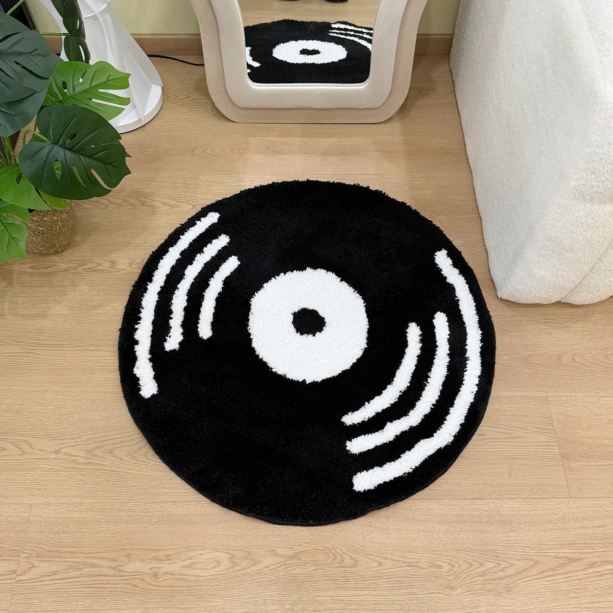 Retro Vinyl Record Tufted Round Rug — Soft Accent Rug for Bedroom Layering — Lifestyle 1