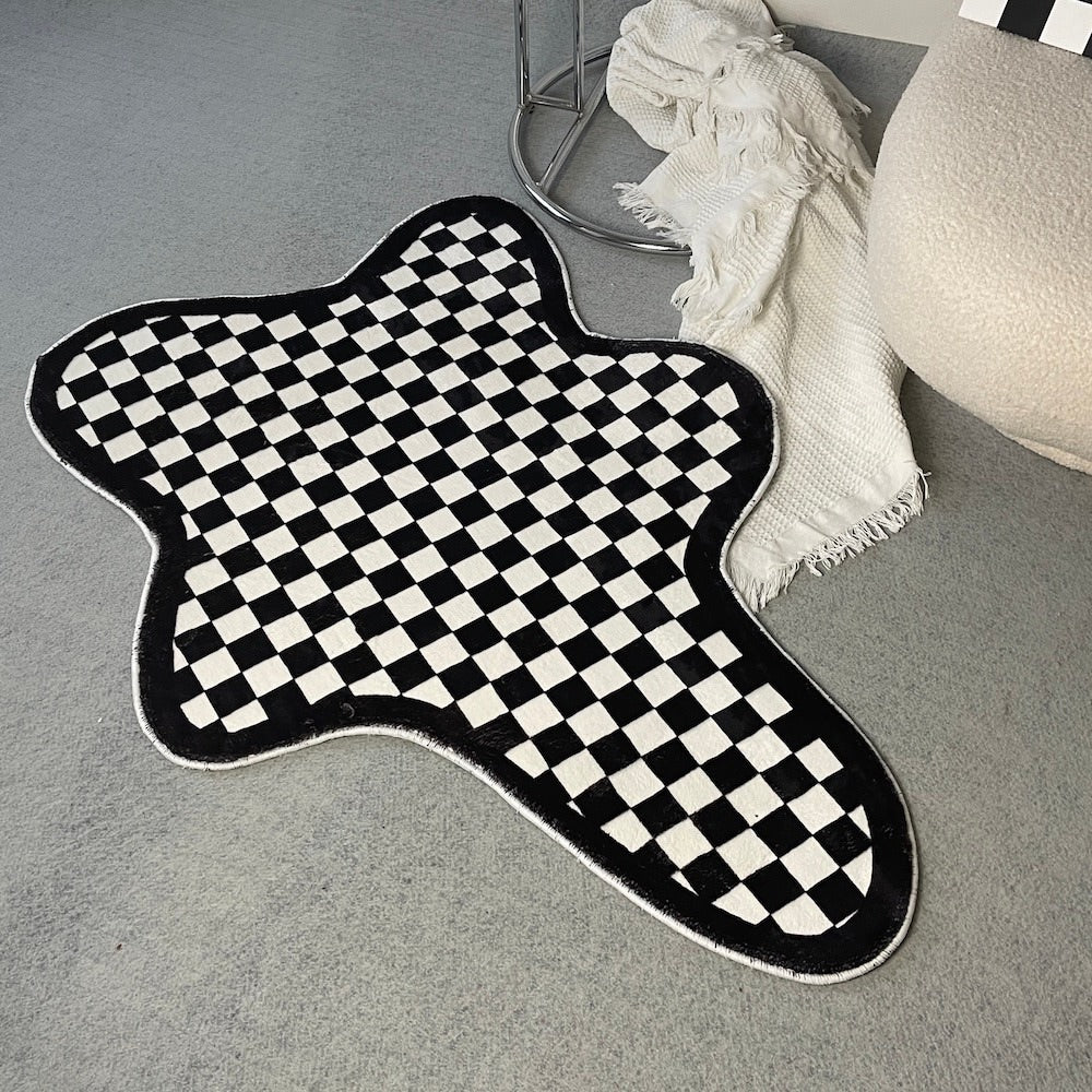Irregular Blob Checkered Accent Rug — Soft Accent Rug for Bedroom Layering — Lifestyle 4