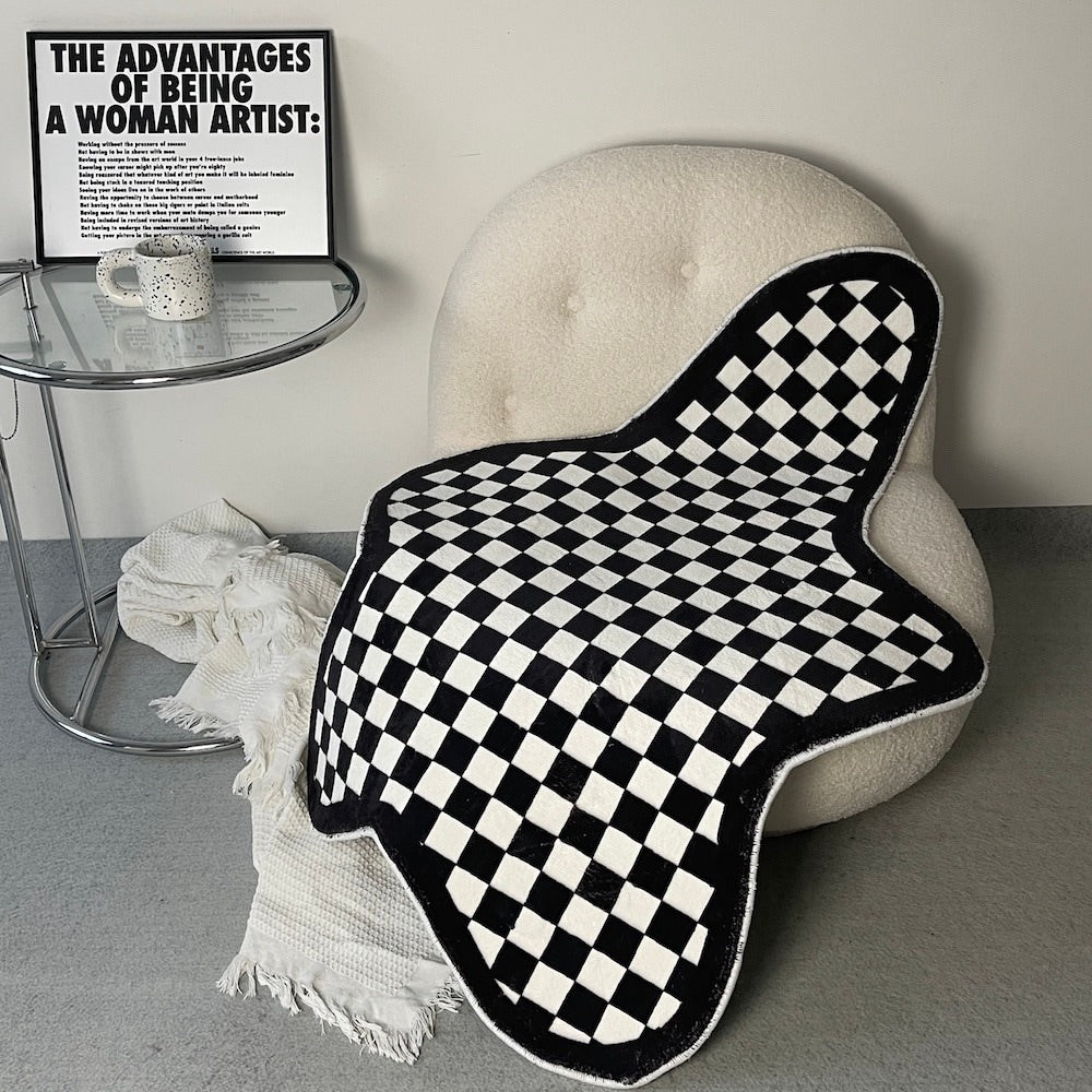 Irregular Blob Checkered Accent Rug — Soft Accent Rug for Bedroom Layering — Lifestyle 5