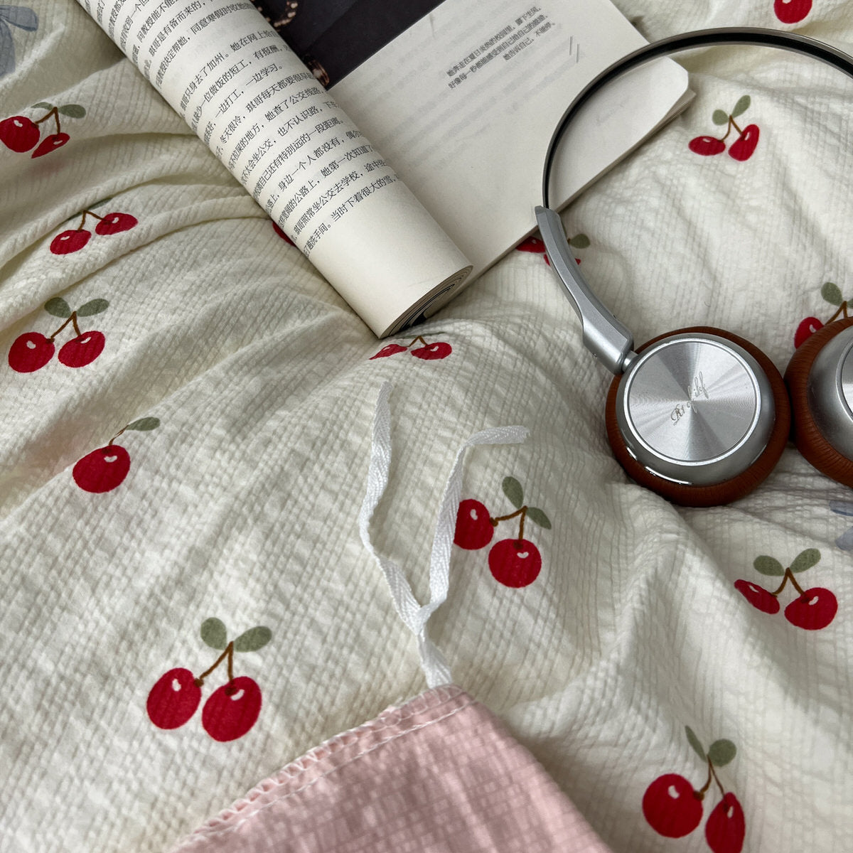 Cherry Print Bedding Set — Seersucker-Texture Duvet Cover for a Playful Bedroom — Lifestyle 5