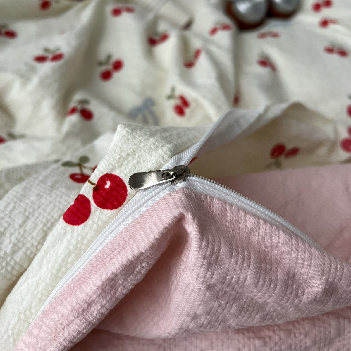Cherry Print Bedding Set — Seersucker-Texture Duvet Cover for a Playful Bedroom — Lifestyle 3