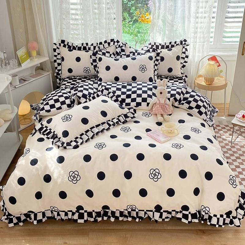 Polka Dot Checkered Ruffle Bedding Set — Soft-Touch Cotton Duvet & Pillowcases — Front view