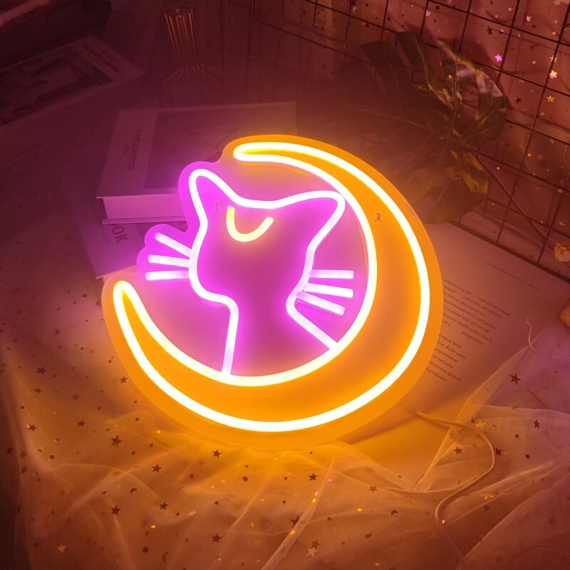 Moon Cat Neon Sign — Warm LED Mood Lighting for Bedside — Lifestyle 1