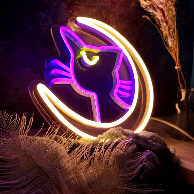 Moon Cat Neon Sign — Warm LED Mood Lighting for Bedside — Lifestyle 3
