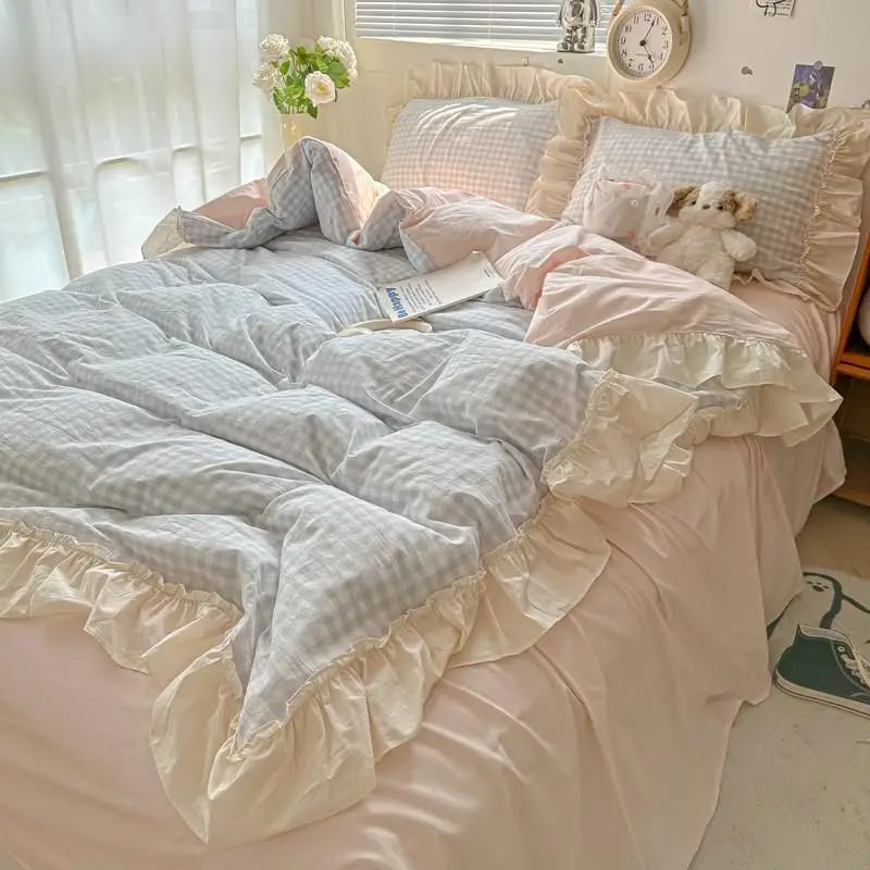 Pastel Plaid Ruffle Bedding Set — Soft-Touch Cotton Duvet & Pillowcases — Lifestyle 6