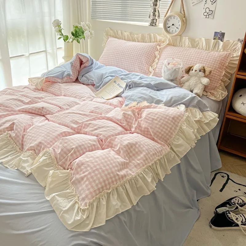 Pastel Plaid Ruffle Bedding Set — Soft-Touch Cotton Duvet & Pillowcases — Lifestyle 5