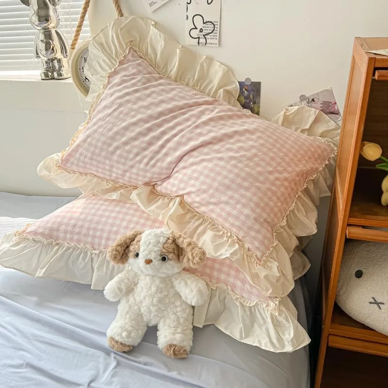 Pastel Plaid Ruffle Bedding Set — Soft-Touch Cotton Duvet & Pillowcases — Lifestyle 2