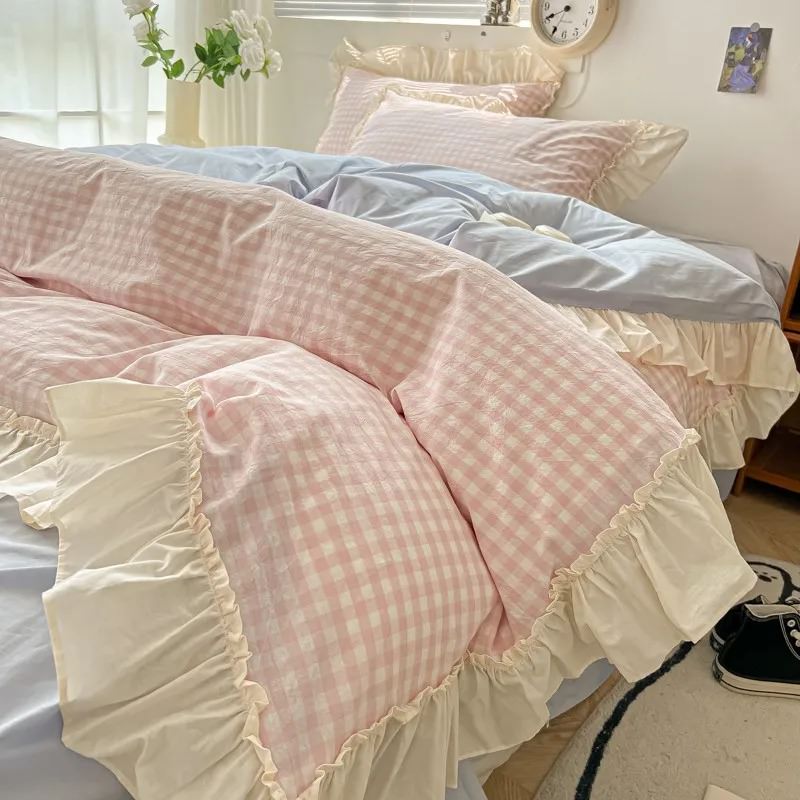 Pastel Plaid Ruffle Bedding Set — Cotton Duvet Cover for Bedroom Styling — Detail