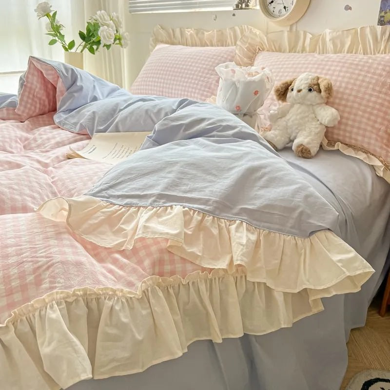 Pastel Plaid Ruffle Bedding Set — Soft-Touch Cotton Duvet & Pillowcases — Lifestyle 1