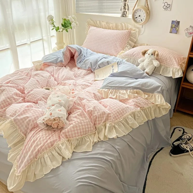 Pastel Plaid Ruffle Bedding Set — Cotton Duvet Cover for Bedroom Styling — Lifestyle 3