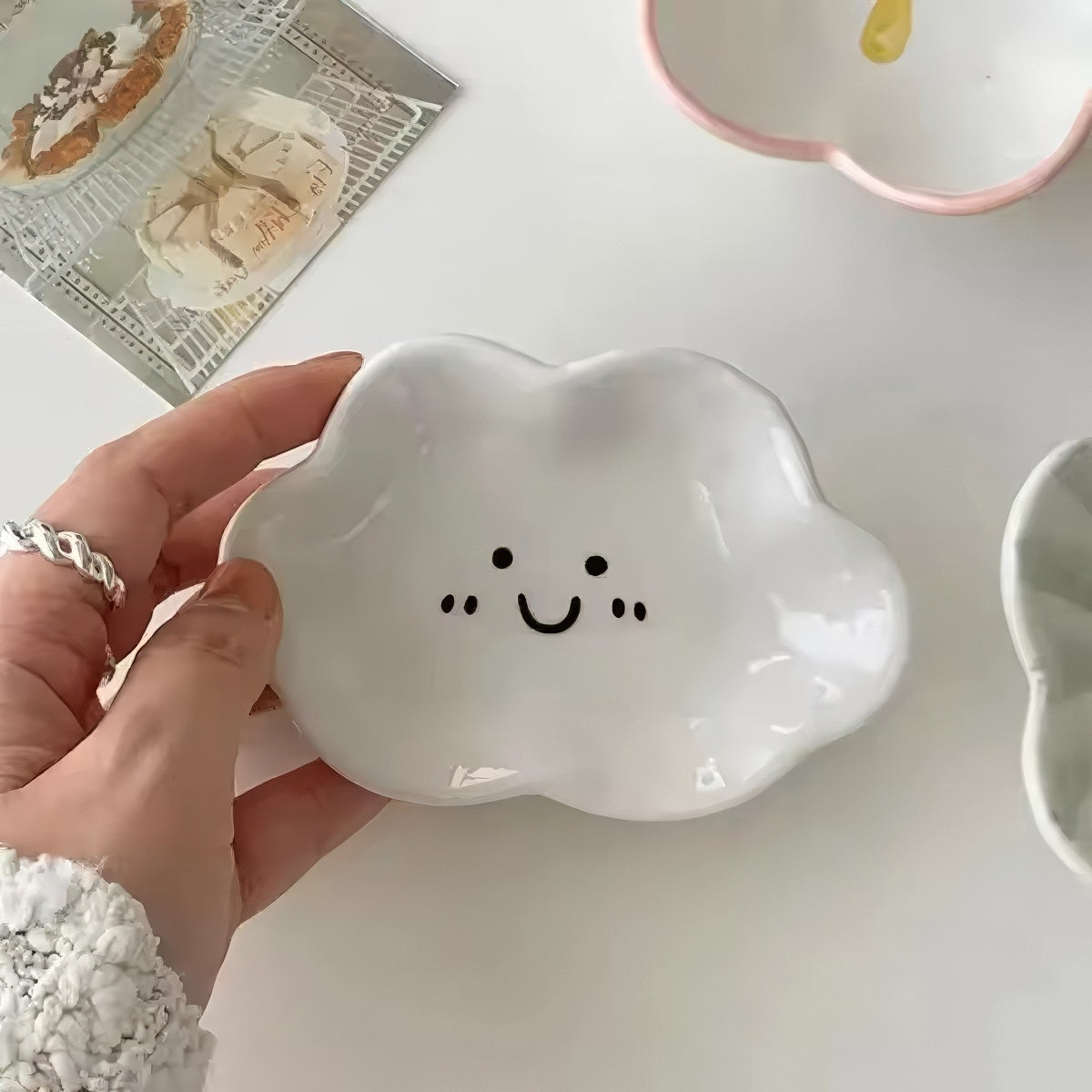 Cloud Ceramic Mini Jewelry Tray — Glossy White Catch-All for Vanity Styling — Detail