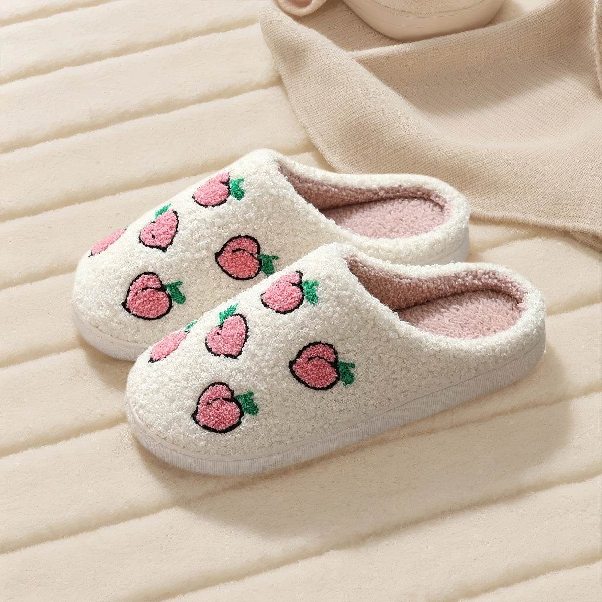 Peach Print Plush Slippers — Soft Indoor House Slippers for Everyday Lounging — Lifestyle 1