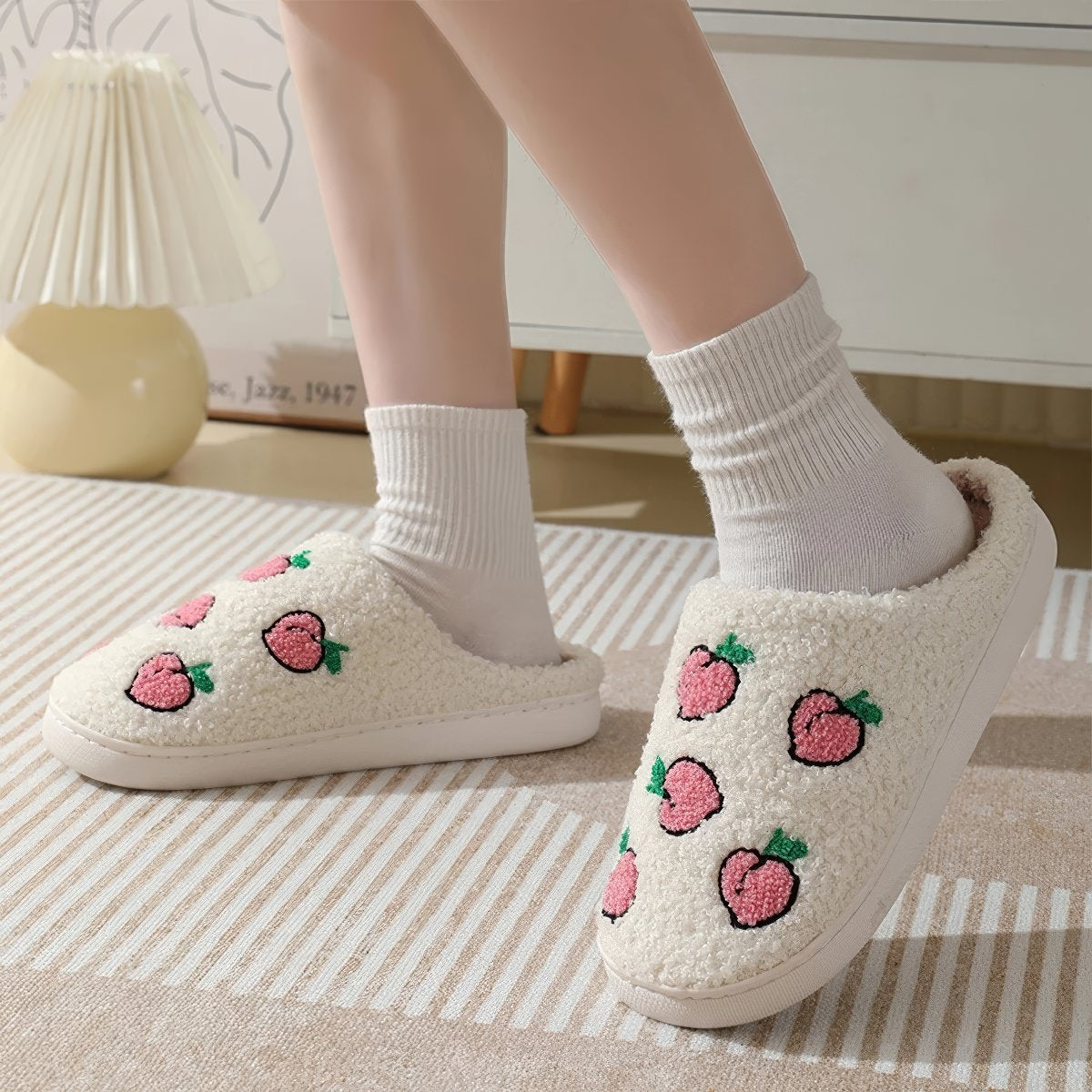 Peach Print Plush Slippers — Soft Indoor House Slippers for Everyday Lounging — Lifestyle 2