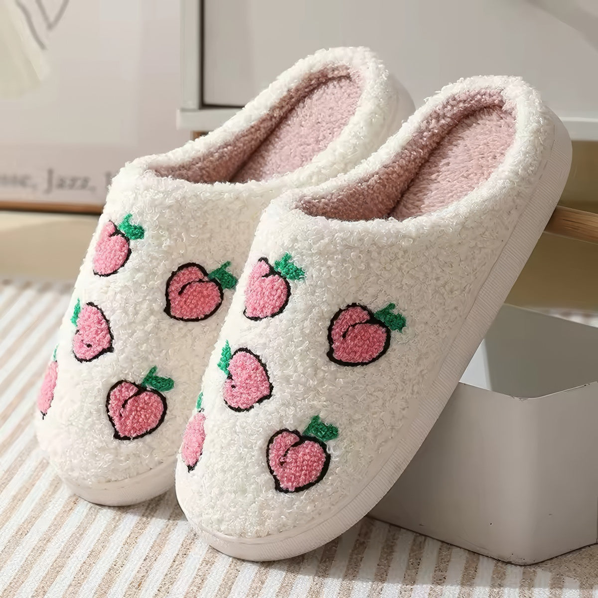 Peach Print Plush Slippers — Soft Indoor House Slippers for Everyday Lounging — Lifestyle 3