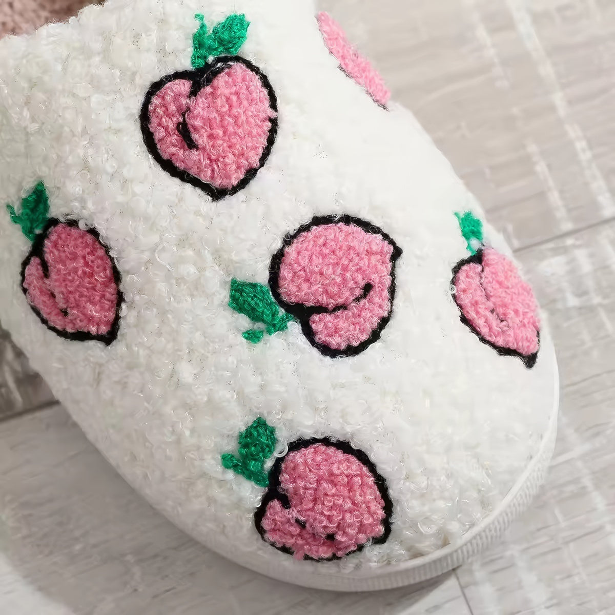 Peach Print Plush Slippers — Soft Indoor House Slippers for Everyday Lounging — Detail