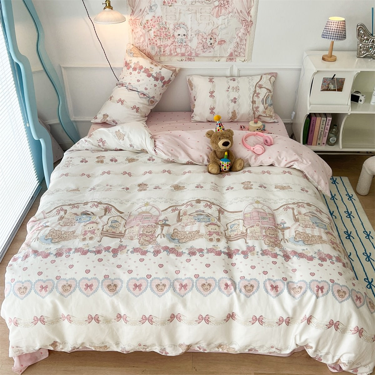 Teddy Tea Party Bedding Set — Pastel Storybook Duvet Cover and Pillowcases — Detail