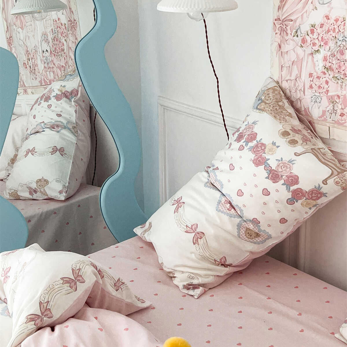 Teddy Tea Party Bedding Set — Pastel Storybook Duvet Cover and Pillowcases — Lifestyle 3