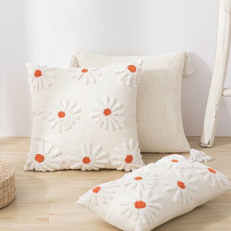 Light Beige Tufted Flower Cushion Cover — Soft Textured Pillow for Bedroom Layering — Lifestyle 1