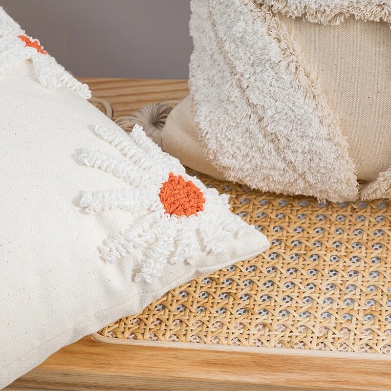 Light Beige Tufted Flower Cushion Cover — Soft Textured Pillow for Bedroom Layering — Lifestyle 3