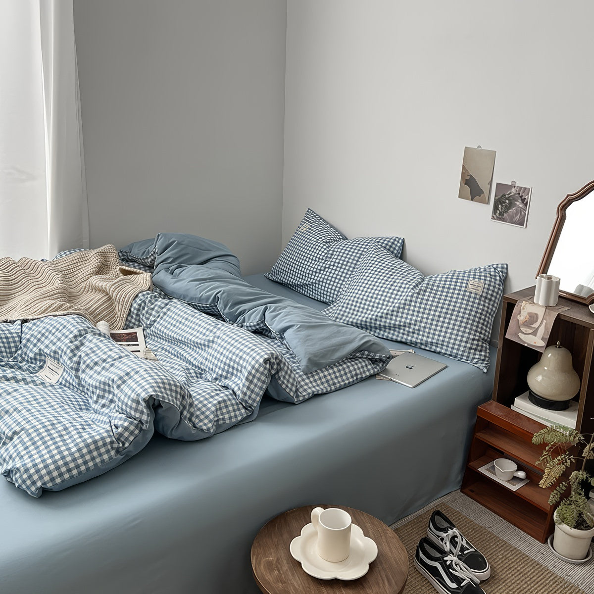 Light Blue Gingham Bedding Set — Soft-Touch Cotton Duvet & Pillowcases — Lifestyle 3