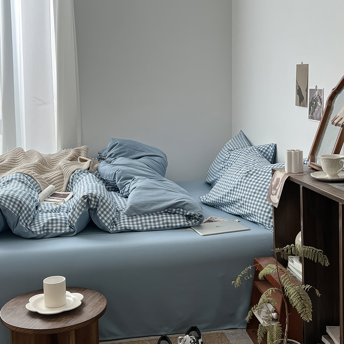 Light Blue Gingham Bedding Set — Cotton Duvet & Pillowcases — Lifestyle 4