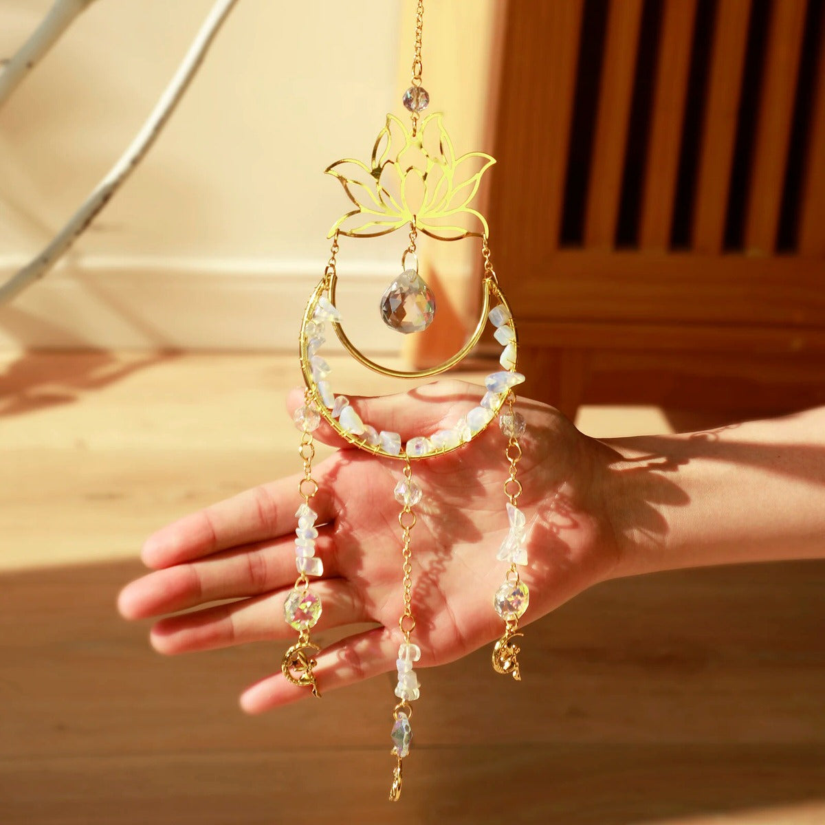 Crystal Lotus Suncatcher — Window Prism with Moon Pendant for Soft Light — Lifestyle 2