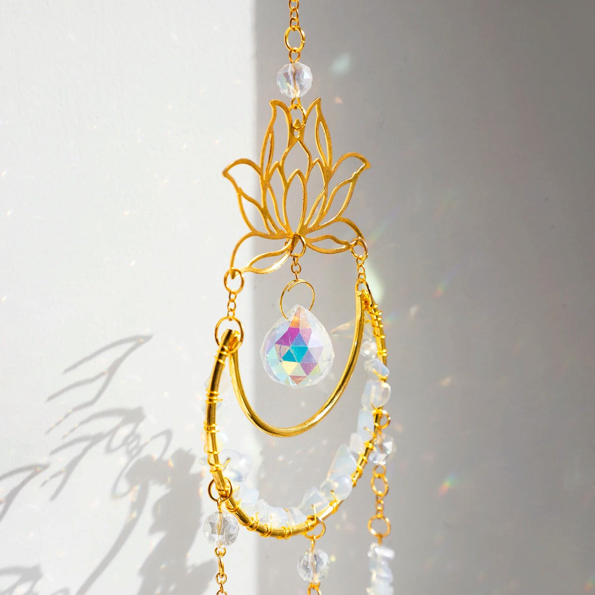 Crystal Lotus Suncatcher — Window Prism with Moon Pendant for Soft Light — Detail