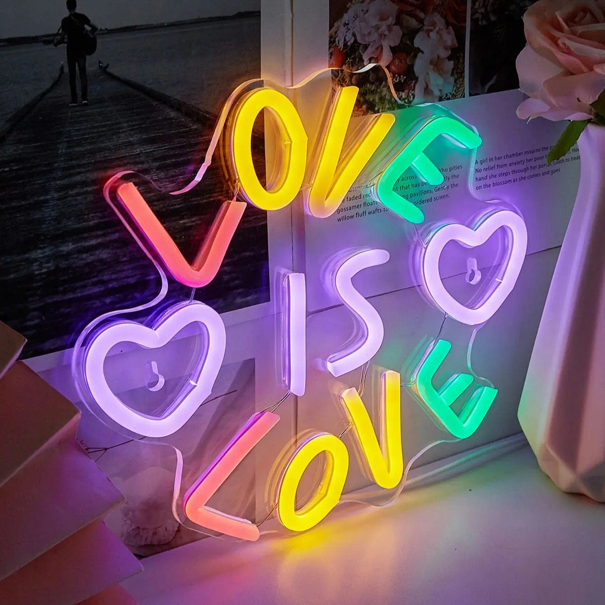 Love is Love Neon Sign — Warm LED Mood Lighting for Bedside — Lifestyle 1