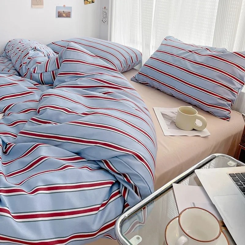 Minimalist Red Striped Light Blue Bedding Set — Soft-Touch Cotton Duvet & Pillowcases — Lifestyle 7