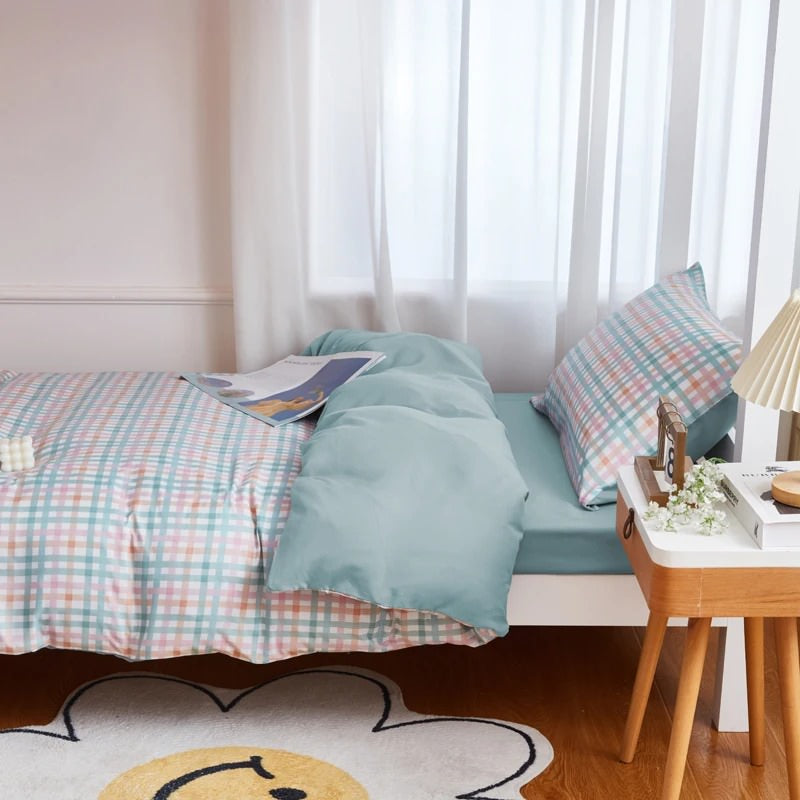 Pastel Blue Plaid Dorm Bedding Set — Soft-Touch Cotton Duvet & Pillowcases — Lifestyle 3