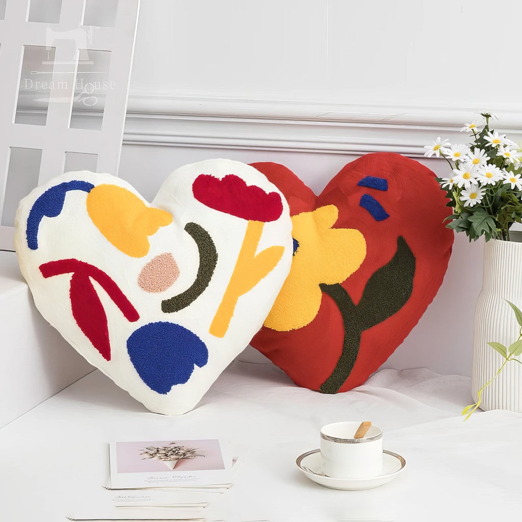 Tufted Heart Cushion — Embroidered Floral Print for Bedroom Decor — Lifestyle 1