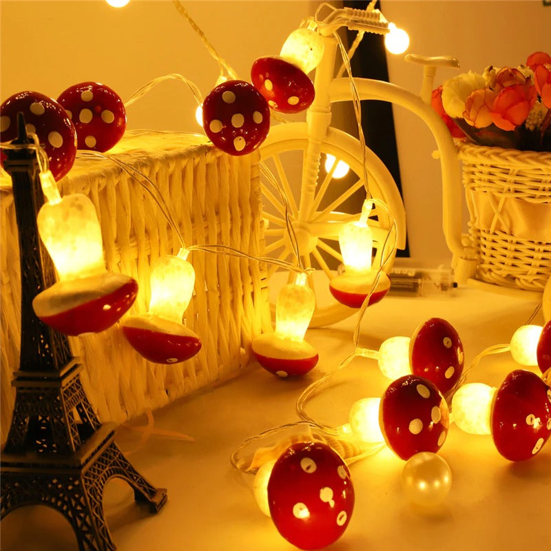 Mushroom String Lights — Warm LED Mood Lighting for Bedside — Front view