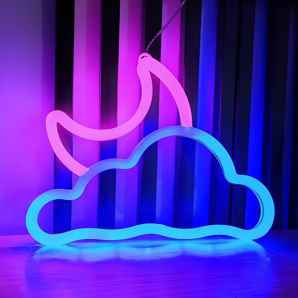 Blue/Pink Moon & Cloud LED Neon Wall Sign — Front view