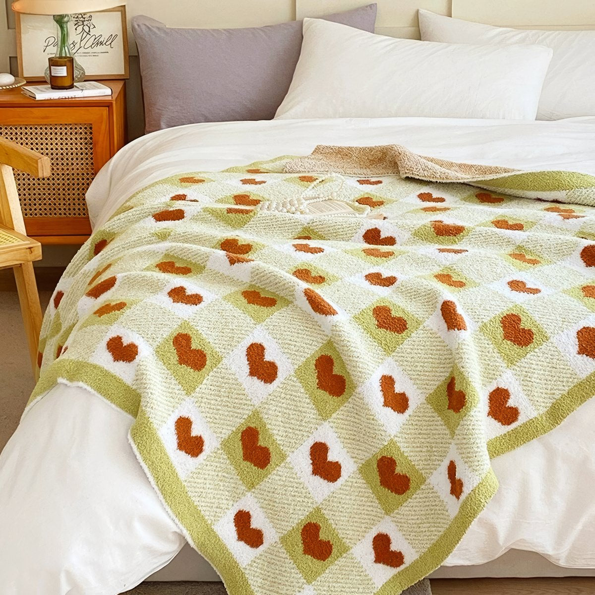 Olive Checker with Hearts Throw Blanket — Soft Layered Throw for Couch and Bed — Front view