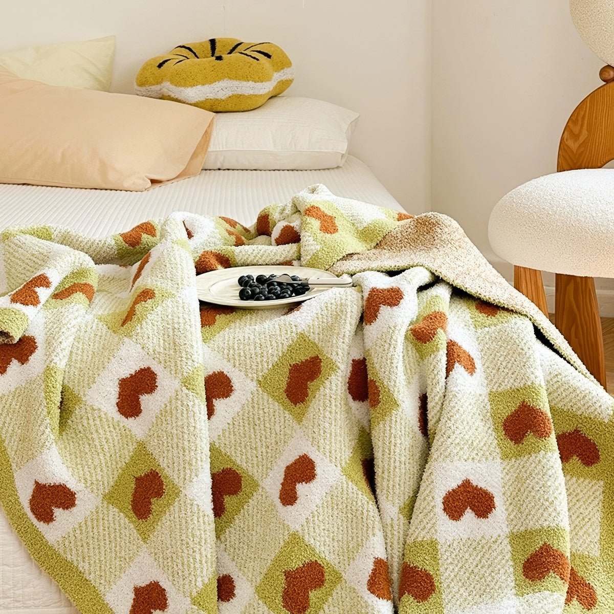 Olive Checker with Hearts Throw Blanket — Soft Layered Throw for Couch and Bed — Lifestyle 2