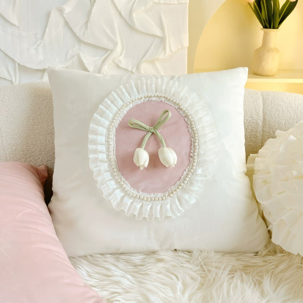 Tulip & Ruffle Cushion Cover — Cotton Cover with Ruffled Edge for Layered Bedrooms — Front view