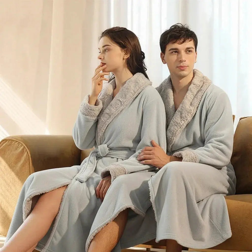 Couple's Flannel Fleece Bathrobes in Navy Blue, Black, Gray, Brown - Women's and Men's Sizes Available — Lifestyle 12