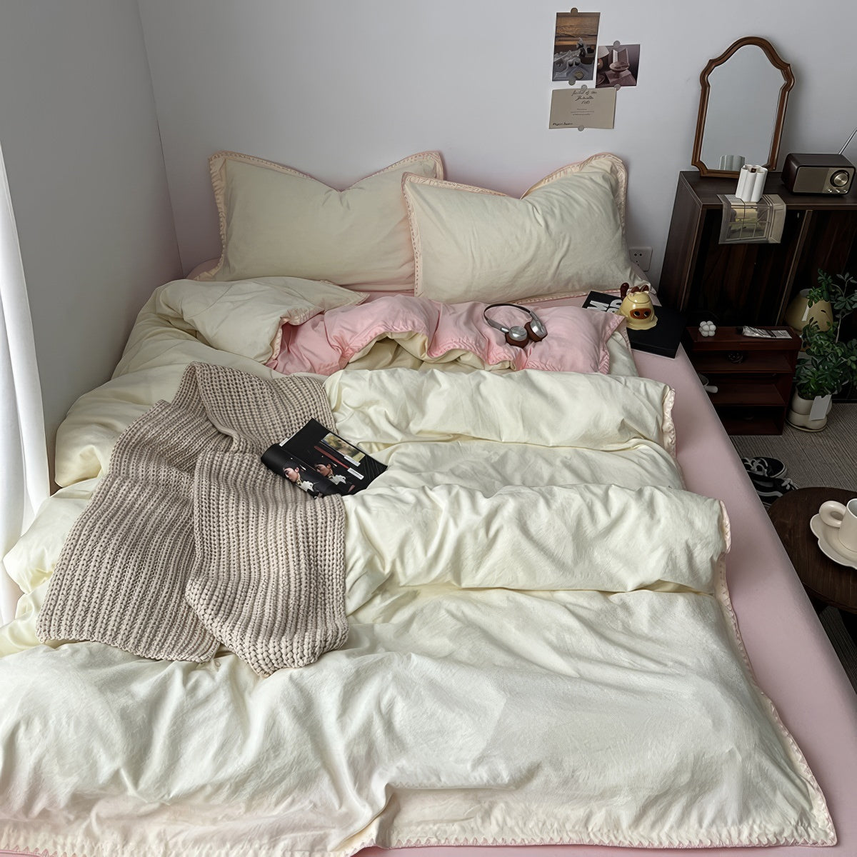 Pale Pink & Yellow Pastel Bedding Set — Soft-Touch Cotton Duvet & Pillowcases — Detail