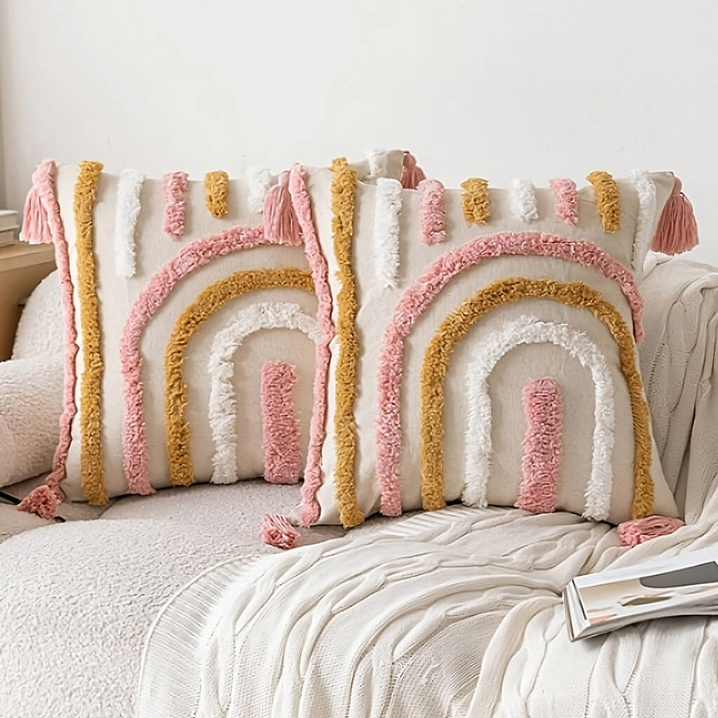 Pastel Arch Tufted Throw Pillow Cover — Soft Textured Pillow for Bedroom Layering — Detail