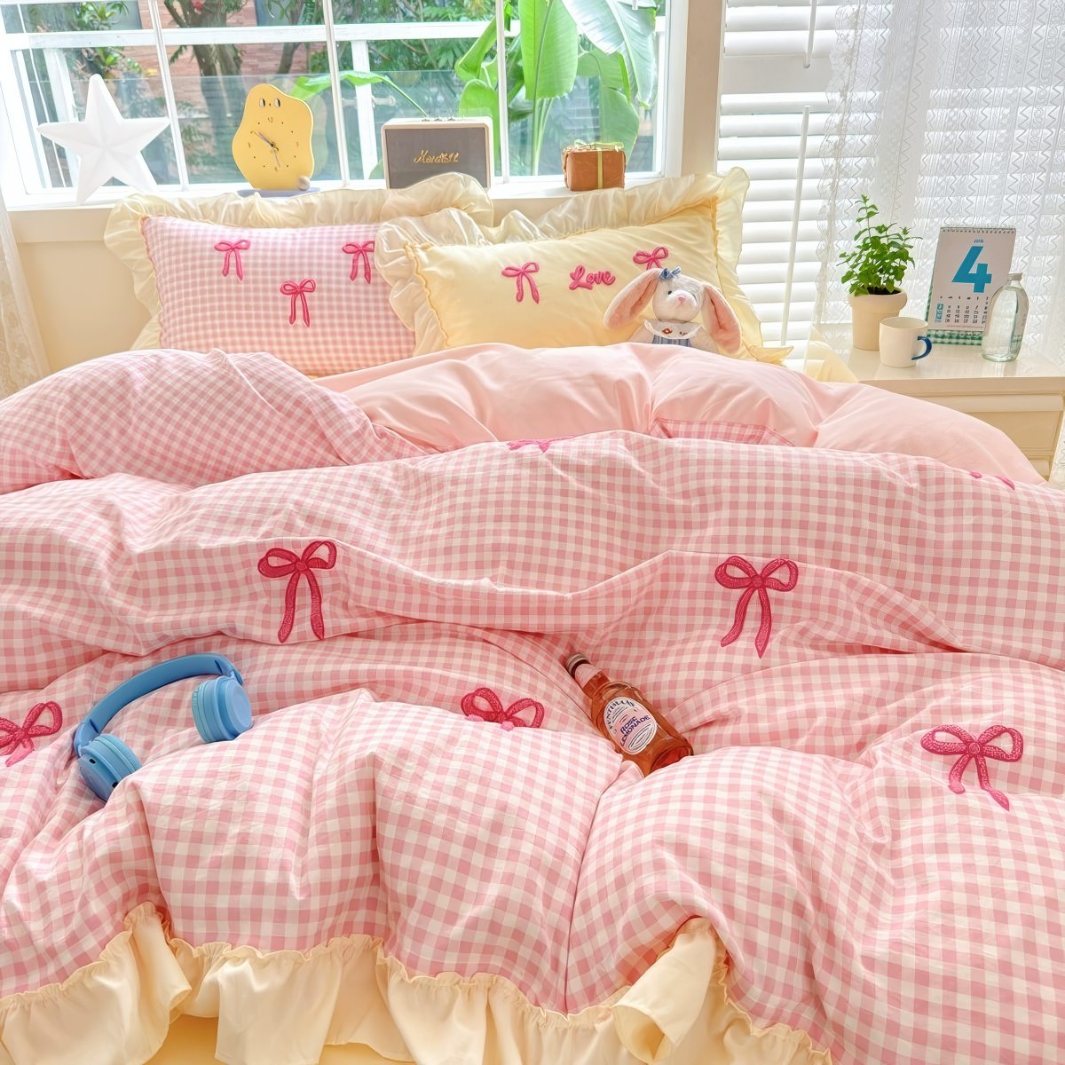 Pastel Pink Gingham with Bows Bedding Set — Soft-Touch Cotton Duvet & Pillowcases — Front view