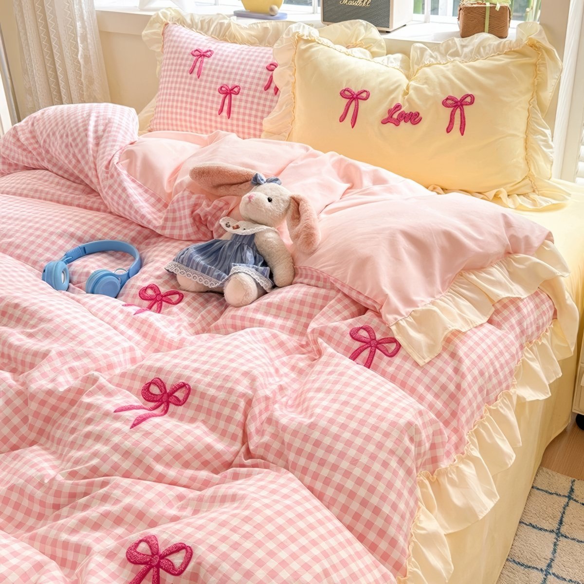Pastel Pink Gingham with Bows Bedding Set — Soft-Touch Cotton Duvet & Pillowcases — Lifestyle 1
