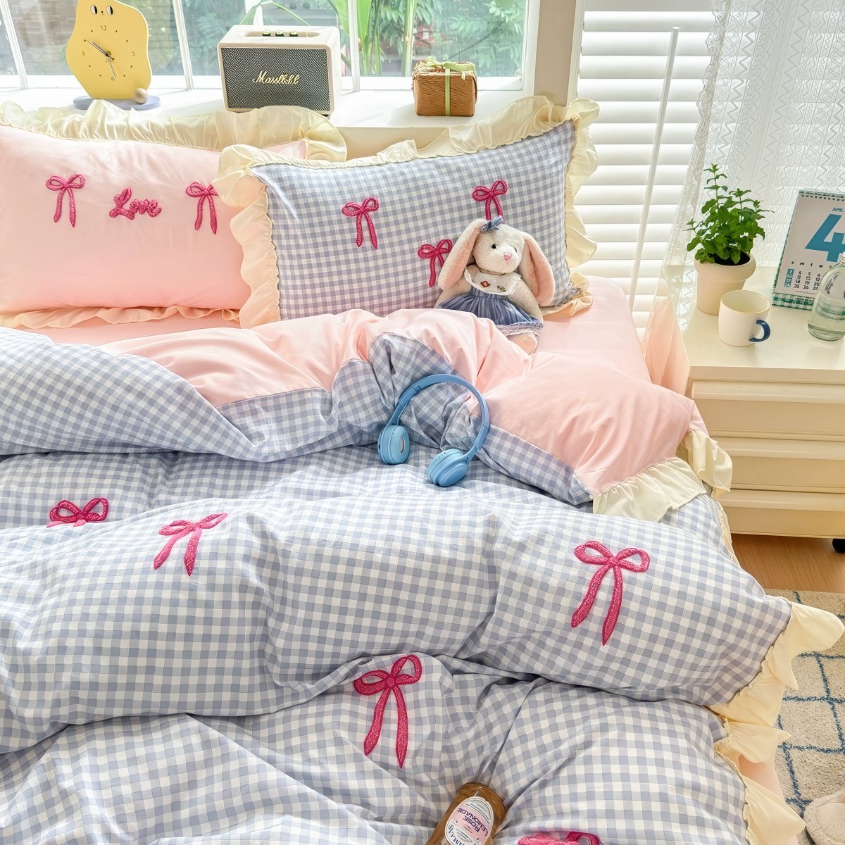 Pastel Pink Gingham with Bows Bedding Set — Soft-Touch Cotton Duvet & Pillowcases — Lifestyle 6