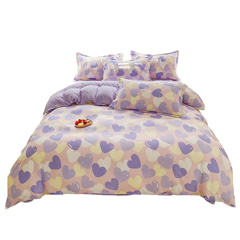 Pastel Purple Hearts Bedding Set — Soft-Touch Cotton Duvet & Pillowcases — Front view