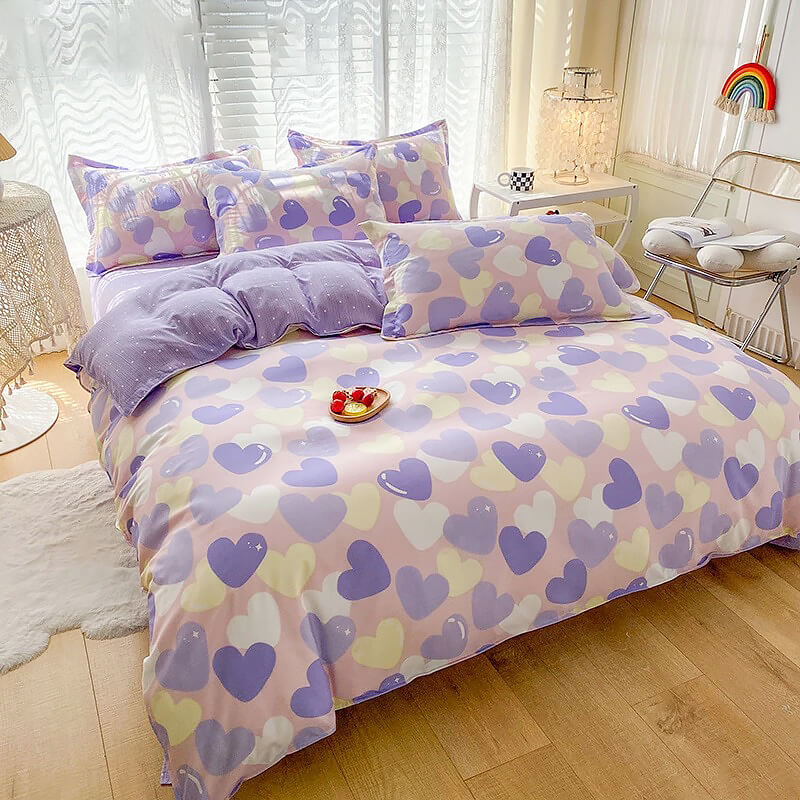 Pastel Purple Hearts Bedding Set — Soft-Touch Cotton Duvet & Pillowcases — Lifestyle 2