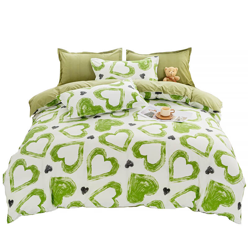 Green Hearts Bedding Set — Soft-Touch Cotton Duvet & Pillowcases — Front view