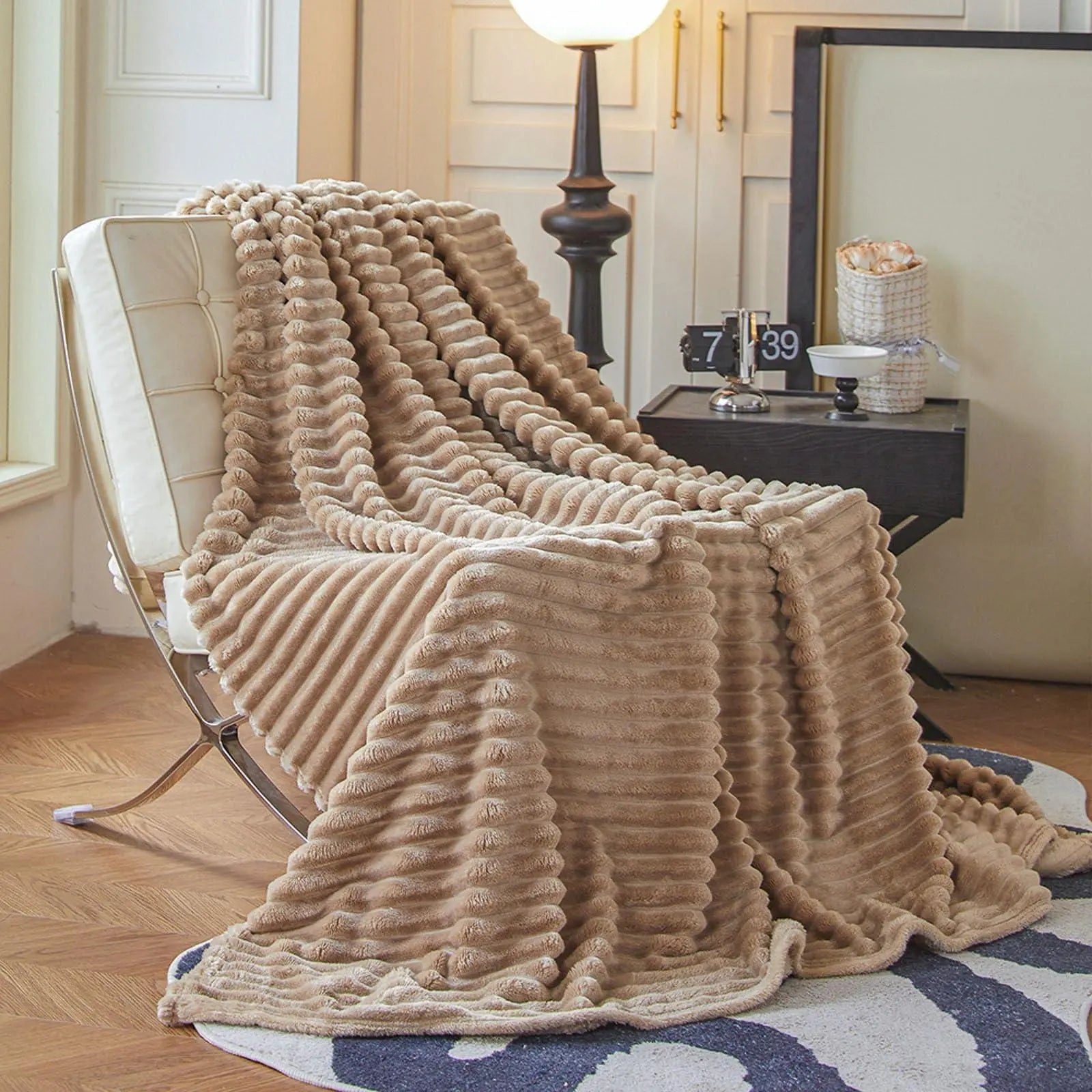 Faux Rabbit Fur Throw Blanket in Light Grey, Milky White, Khaki, or Pink – Available in Single, Double, Queen, and King Sizes