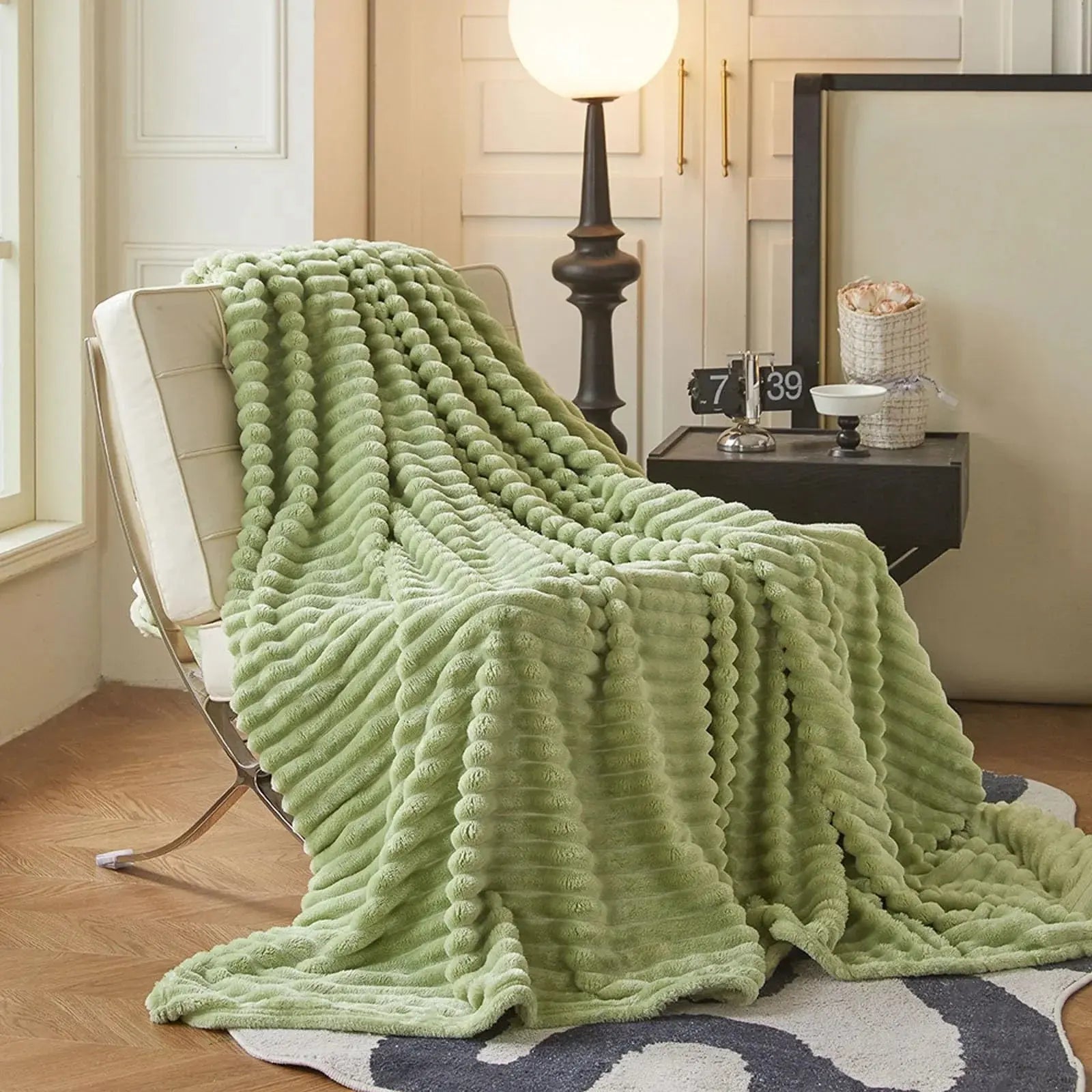 Faux Rabbit Fur Throw Blanket in Light Grey, Milky White, Khaki, or Pink – Available in Single, Double, Queen, and King Sizes