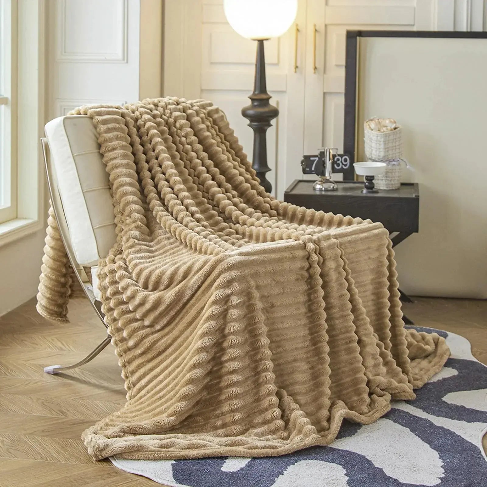 Faux Rabbit Fur Throw Blanket in Light Grey, Milky White, Khaki, or Pink – Available in Single, Double, Queen, and King Sizes