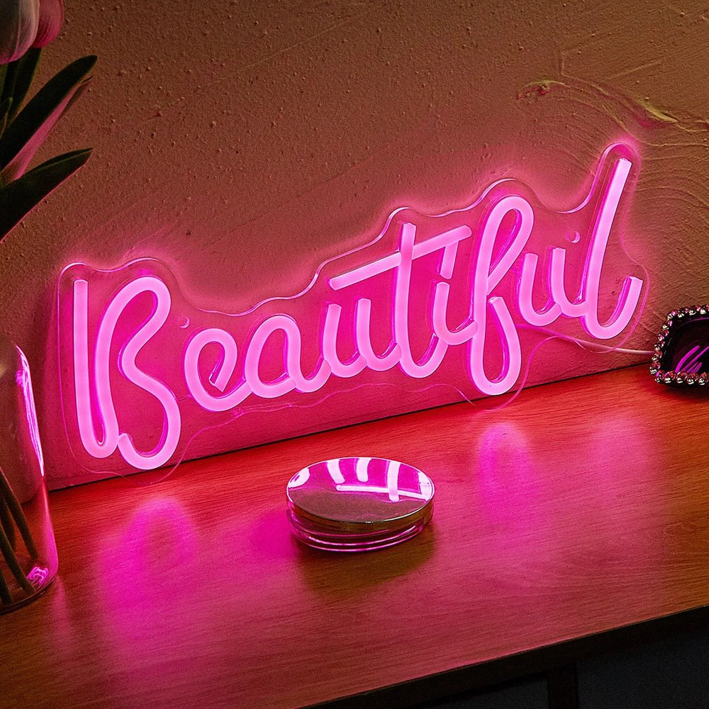 Pink Beautiful LED Neon Sign — Warm LED Mood Lighting for Bedside — Front view
