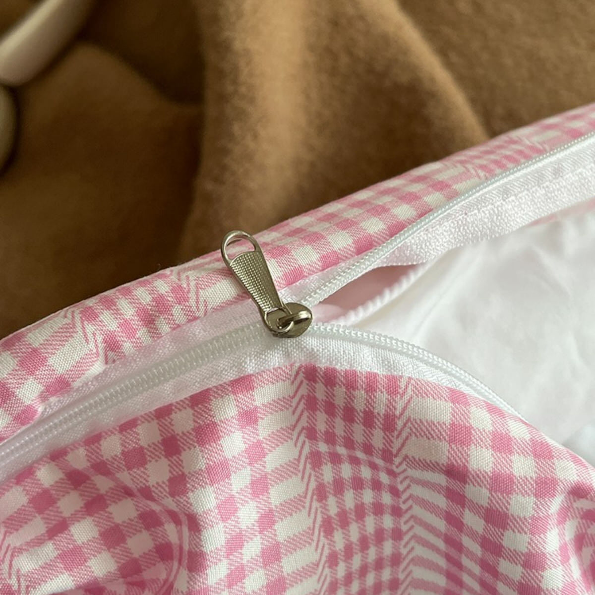 Pink Gingham Stripes Bedding Set — Soft-Touch Cotton Duvet & Pillowcases — Lifestyle 4